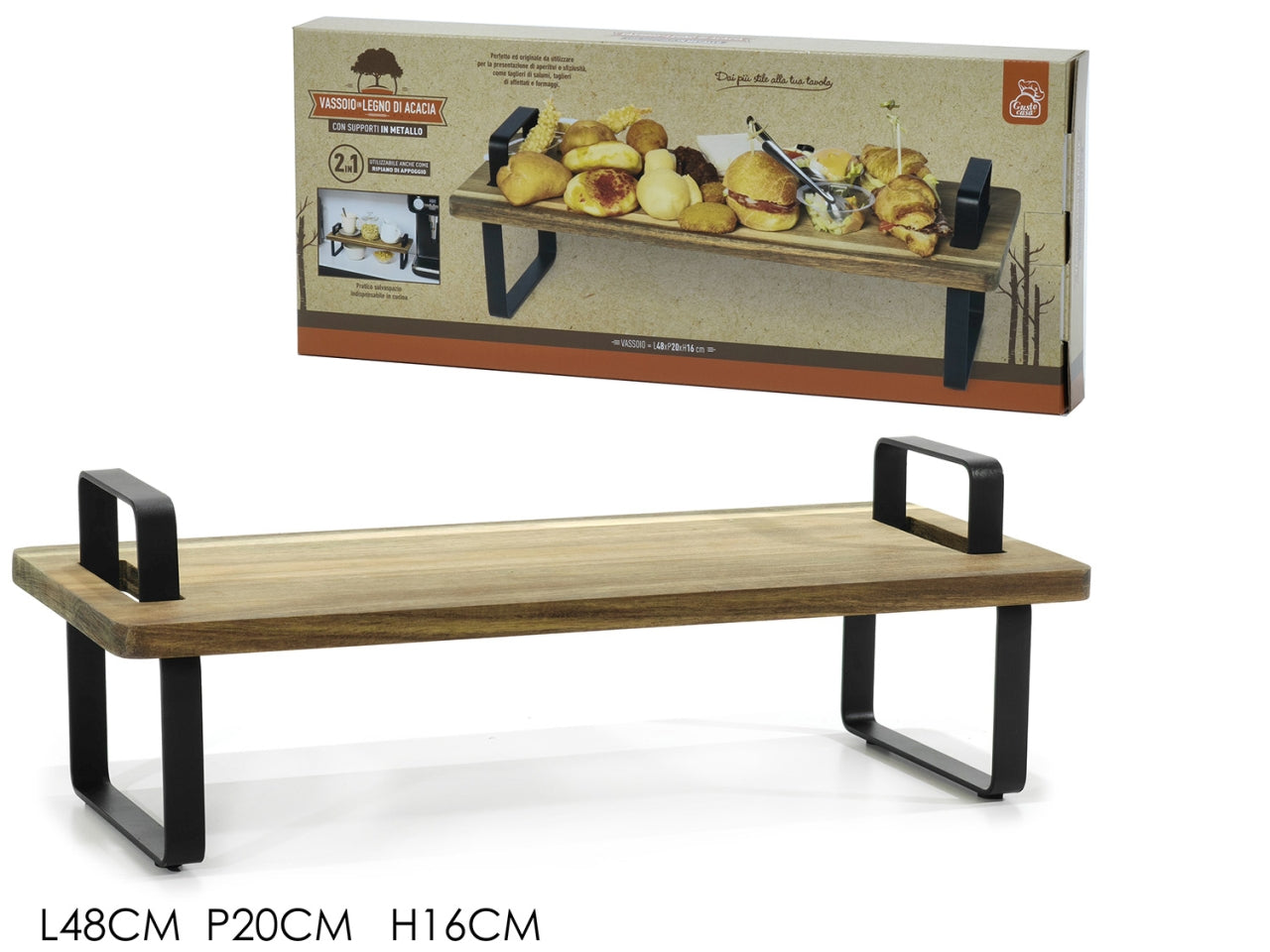 Mensola/vassoio in legno acacia 48x20cm