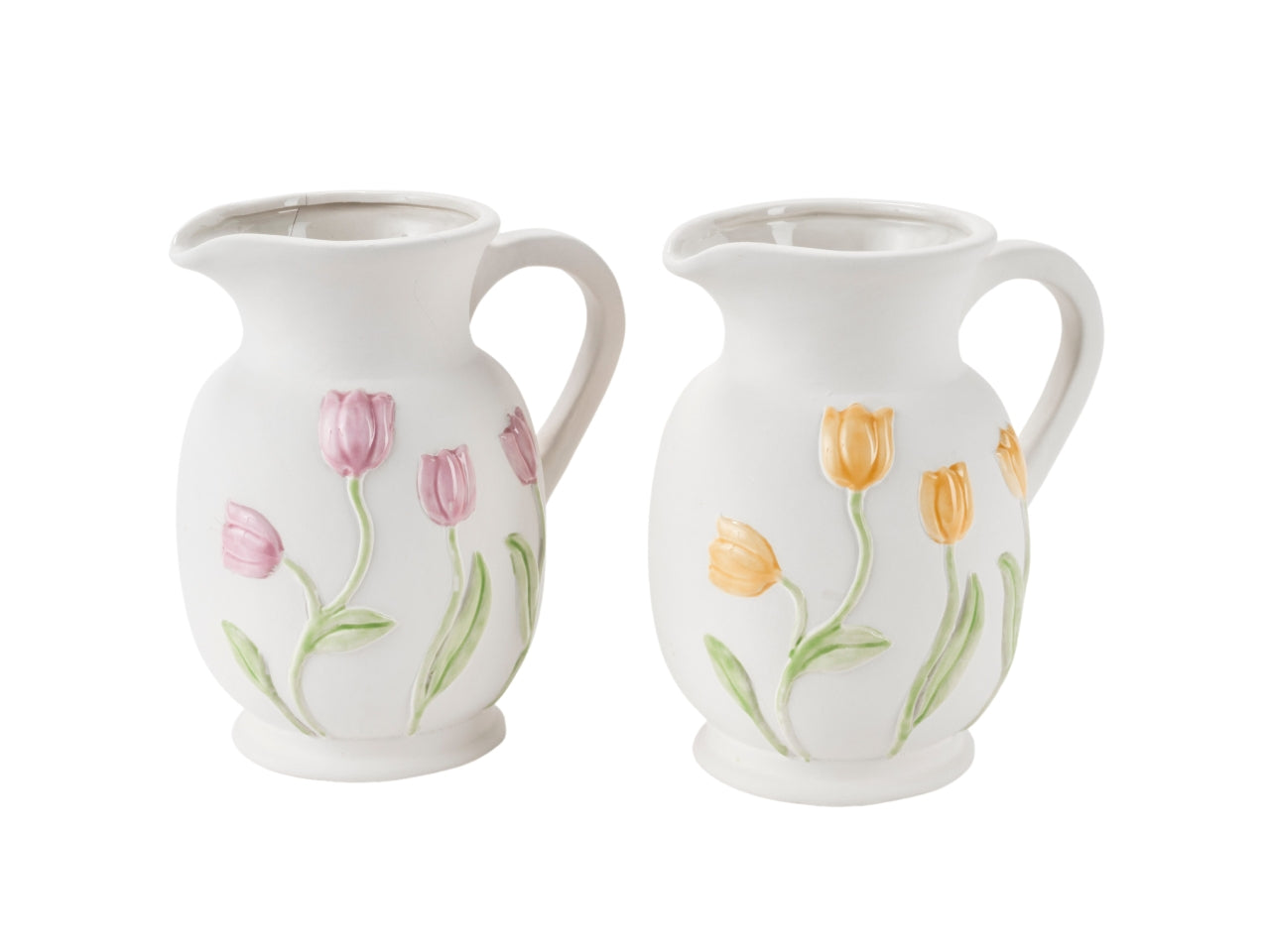 Brocca dolomite con tulipani in rilievo  d.13 h.18,5 cm in 2 colori assortiti