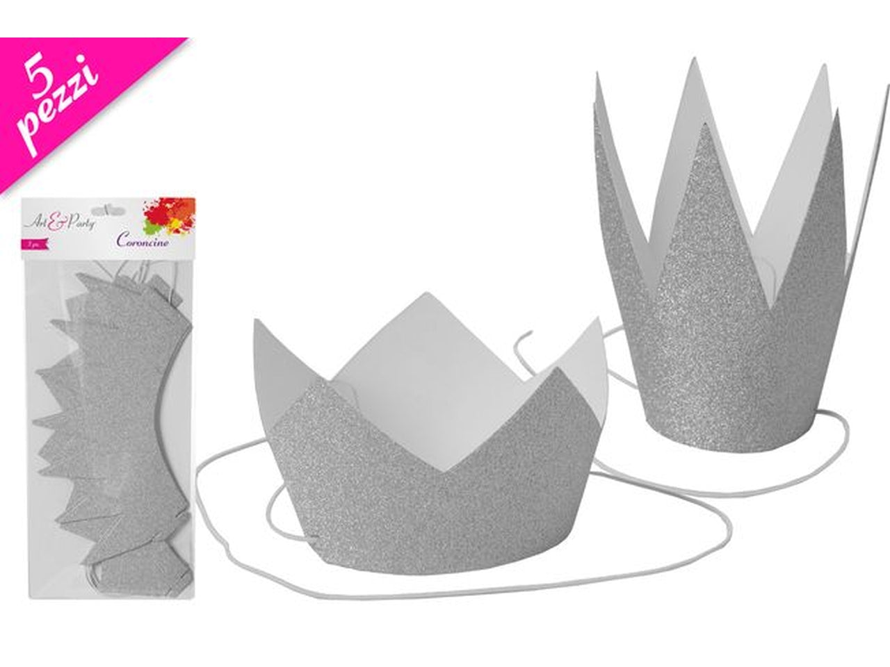 Coroncina in 5 forme assortite glitter argento