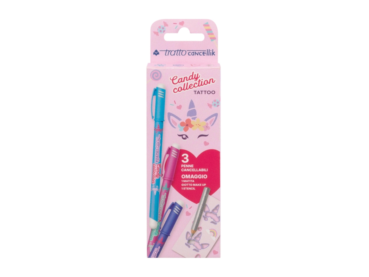 Penne sfera cancellabili tratto cancellik candy tatoo + matita make up confezione da 3 pezzi