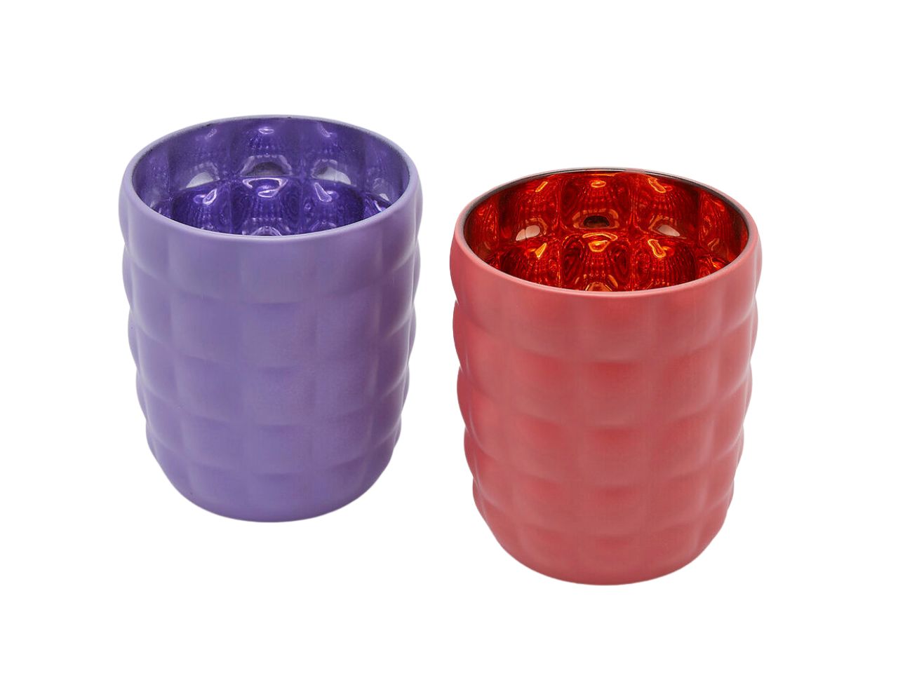Portacandela satin tumbler h.9,6x d8cm nei colori viola e rosso