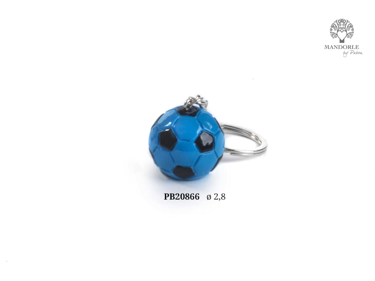 Portachiavi pallone da calcio in resina e metallo nero-azzurro 2,8cm