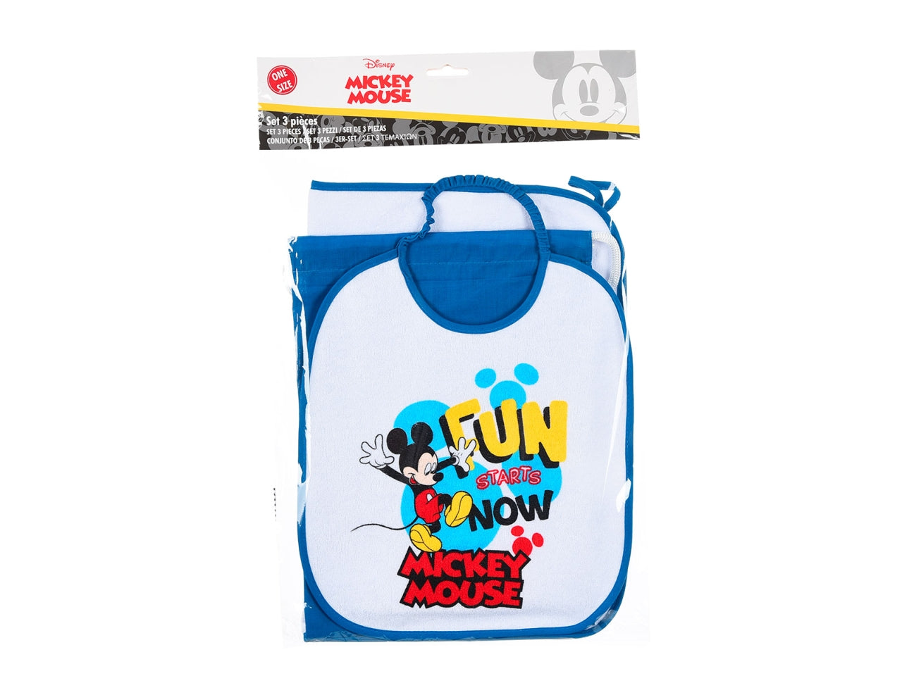 Mickey set 3 pezzi bavaglino, tovaglia e sacca