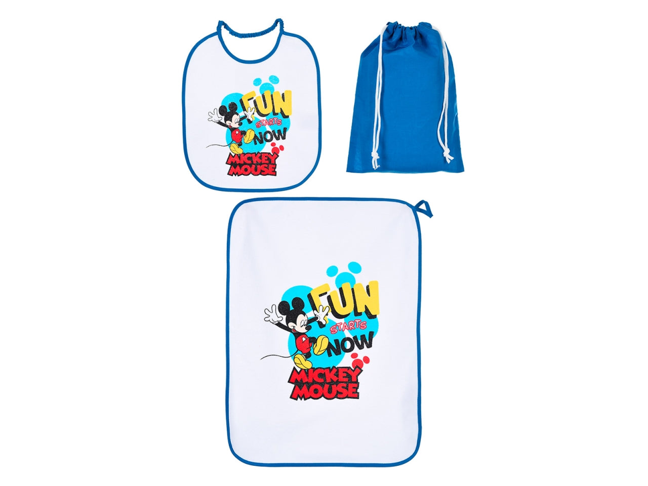 Mickey set 3 pezzi bavaglino, tovaglia e sacca