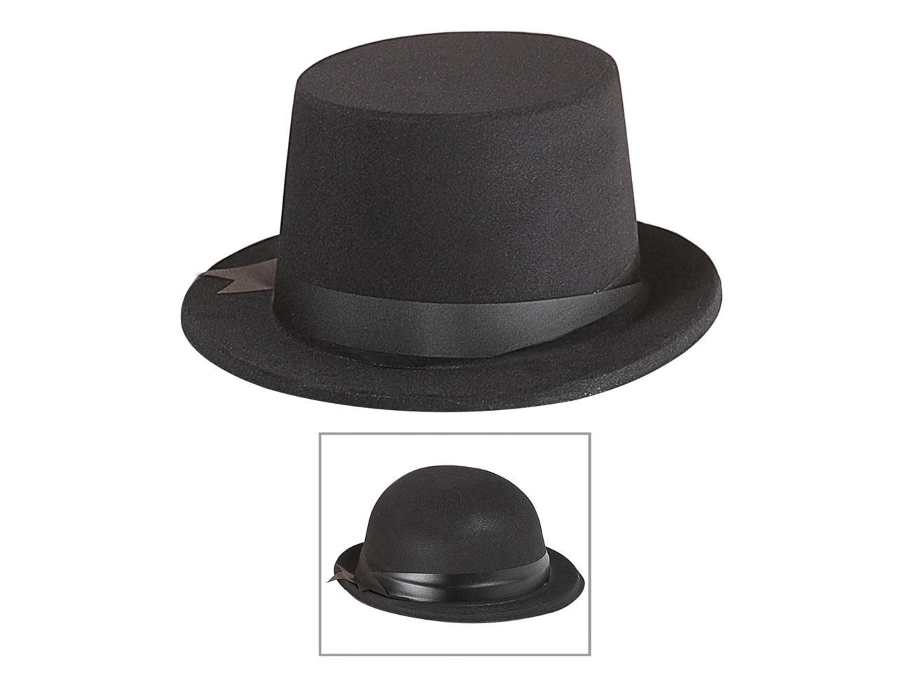 Cilindro e bombetta floccati con nastro decorativo