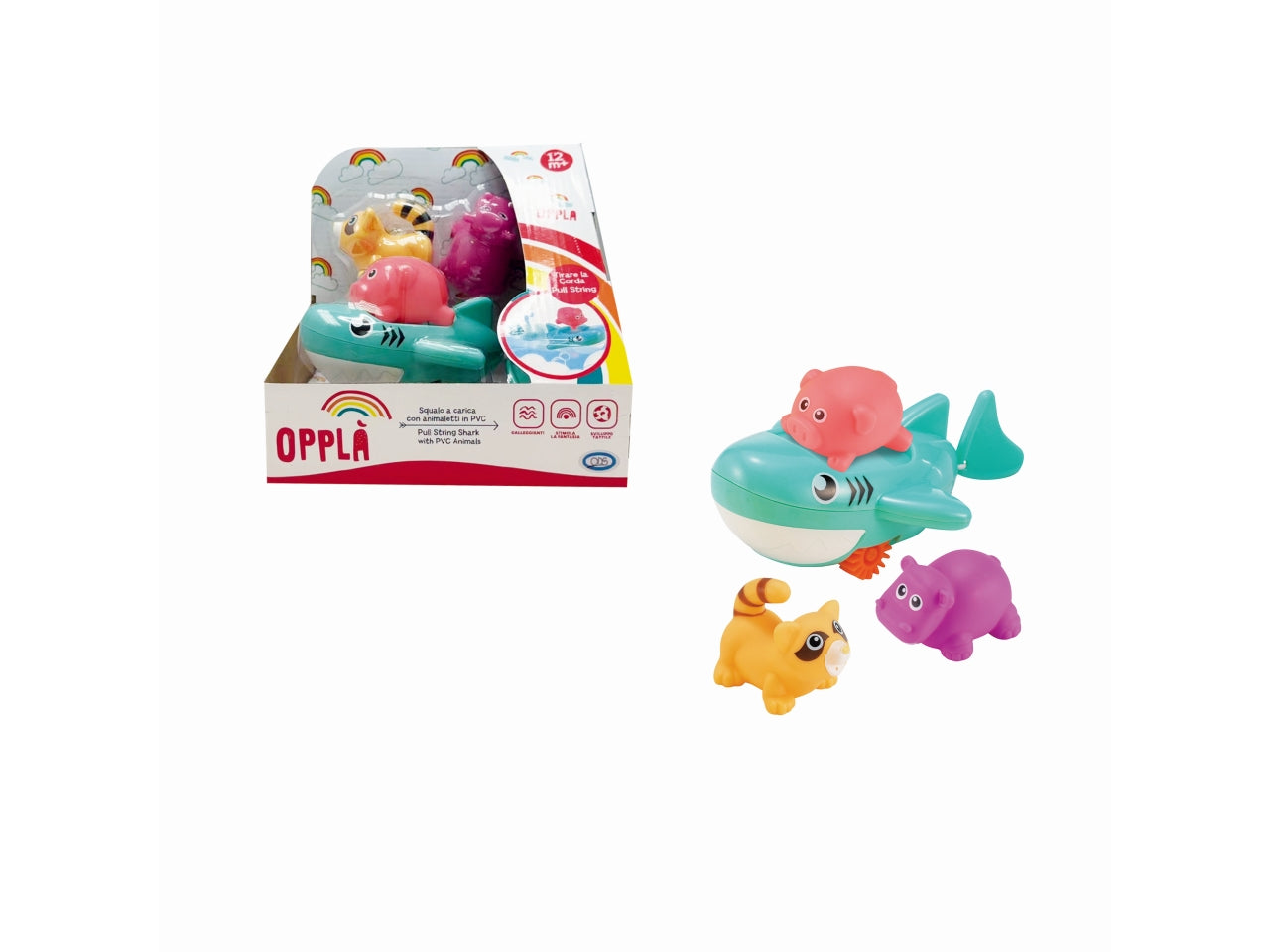 Oppla' squalo galleggiante a carica con corda e 3 animaletti che spruzzano acqua