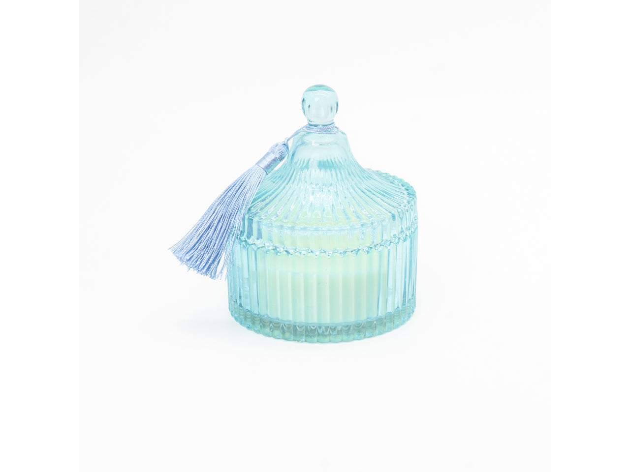 Candela con cofanetto e coperchio in vetro rigato 10x12cm turchese