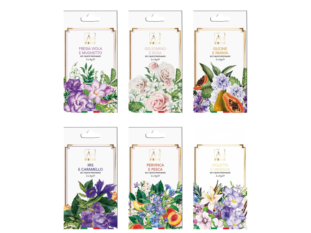 Buste profumate in 6 fraganze assortite la confezione e' composta da 3 buste profumate