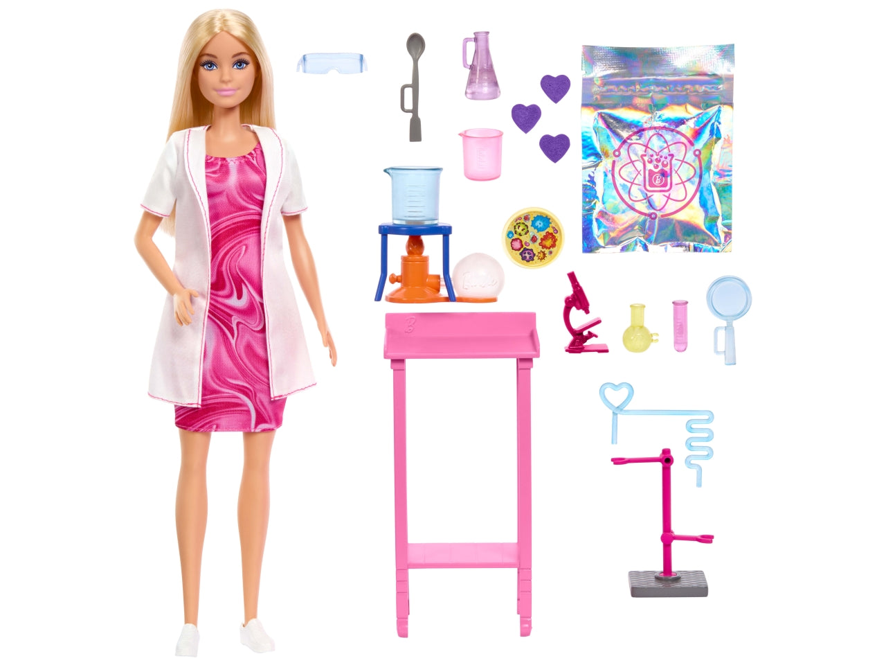 Barbie  scienziata, set bambola bionda con camice bianco da laboratorio e accessori inclusi