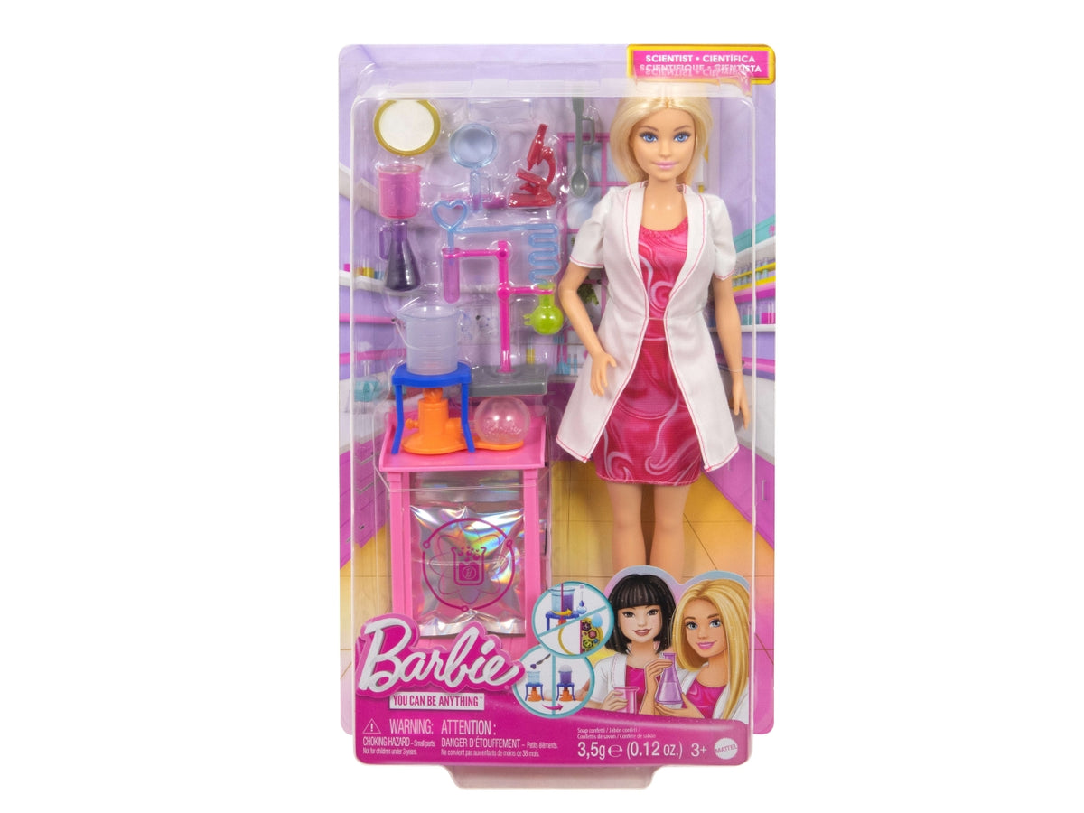 Barbie  scienziata, set bambola bionda con camice bianco da laboratorio e accessori inclusi