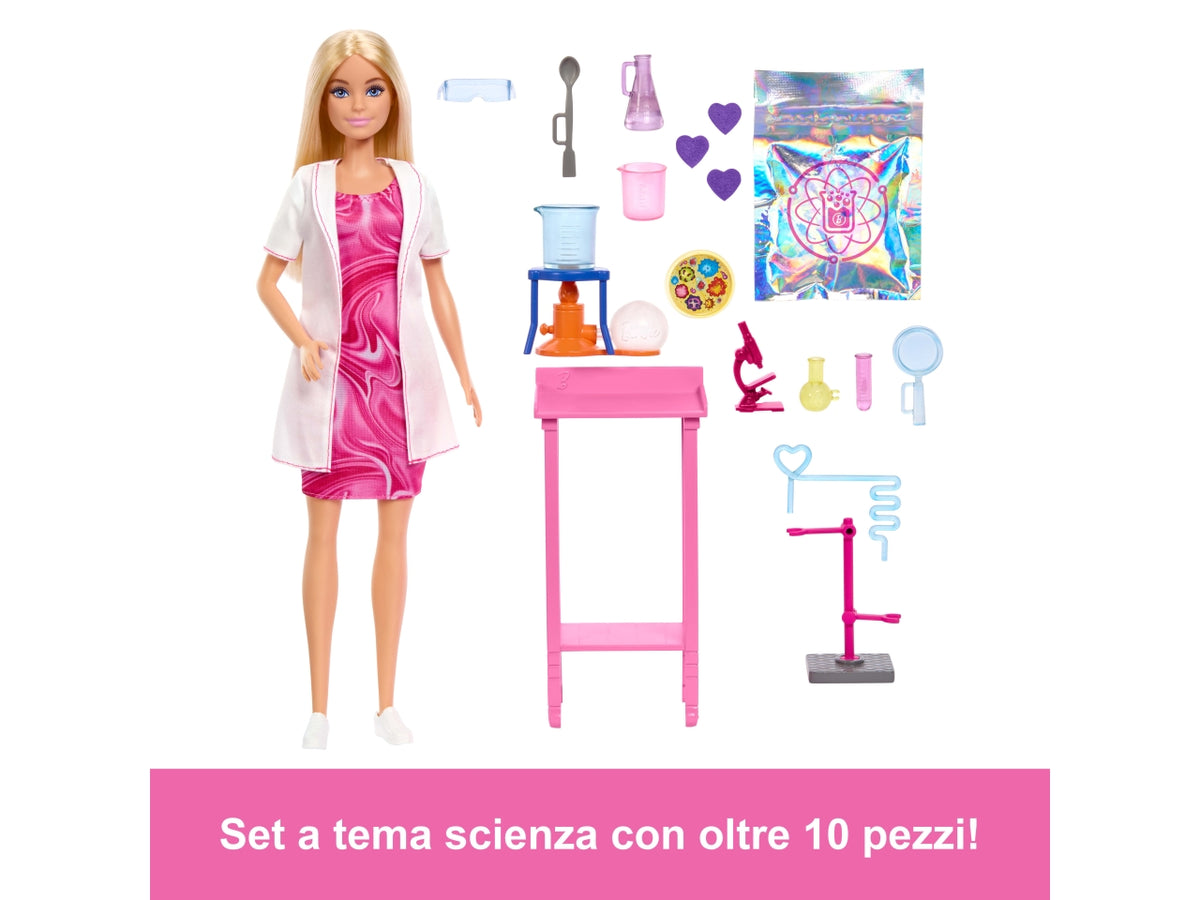 Barbie  scienziata, set bambola bionda con camice bianco da laboratorio e accessori inclusi
