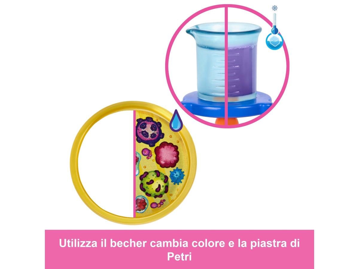 Barbie  scienziata, set bambola bionda con camice bianco da laboratorio e accessori inclusi