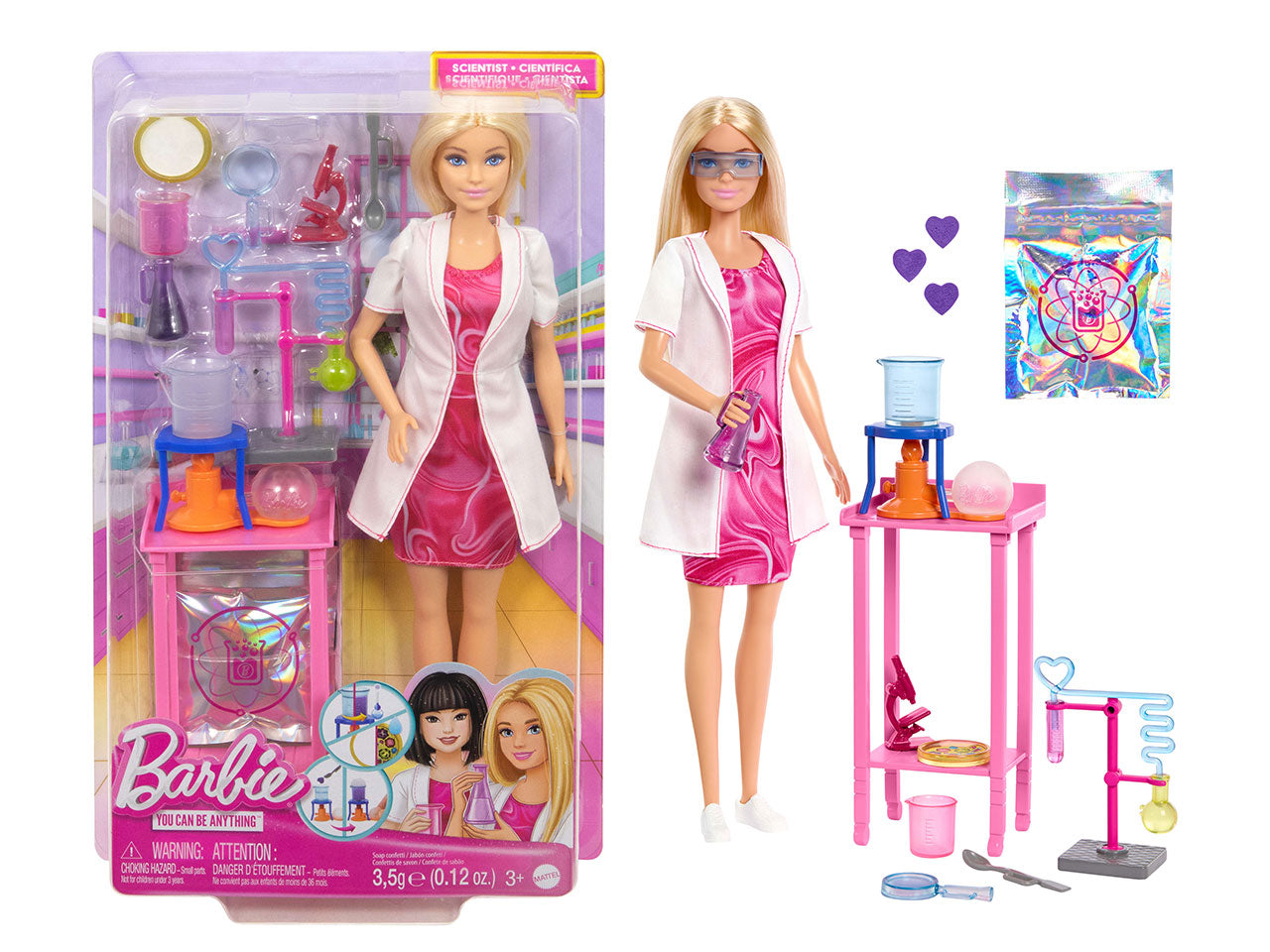 Barbie  scienziata, set bambola bionda con camice bianco da laboratorio e accessori inclusi