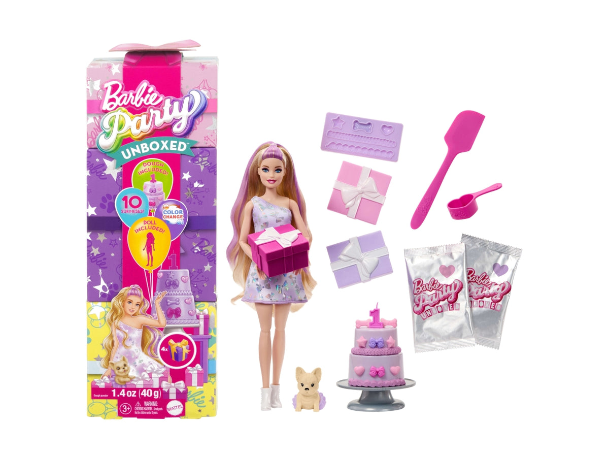 Barbie reveal party surprise, scatola con 10 sorprese  a tema compleanno degli animali domestici e tre bambole da collezionare