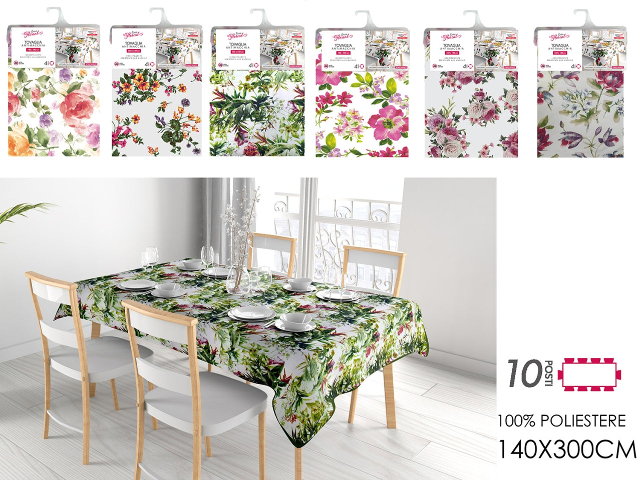 Tovaglia antimacchia floreale 140x300cm 6 assortimenti