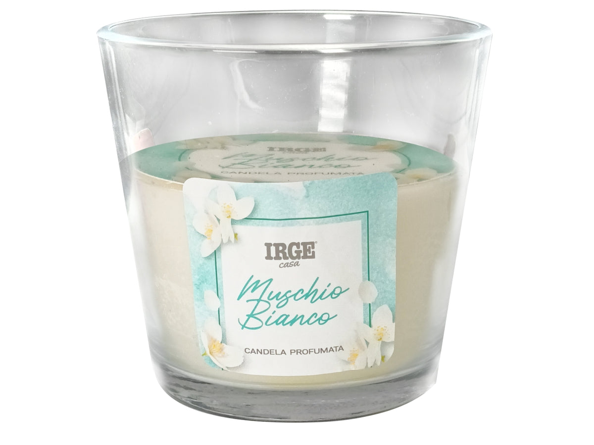 Candela bicchiere in vetro 460g 13xh12cm profumazione muschio bianco