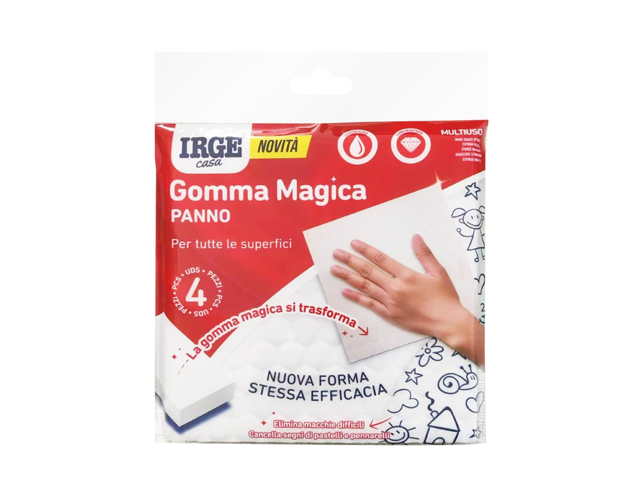 Panno gomma magica 18x18cm confezione da 4 pezzi