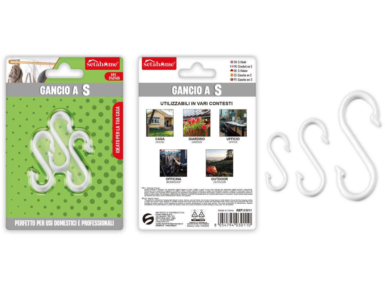 Gancio a s in plastica 27x27x55mm confezione da 9 ganci