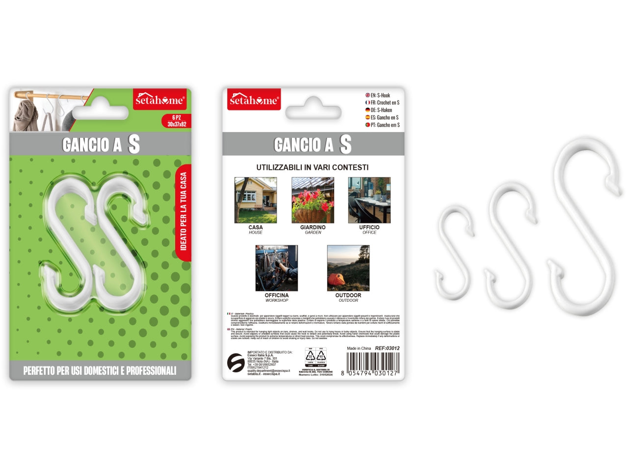 Gancio a s in plastica 30x37x82mm confezione da 6 ganci