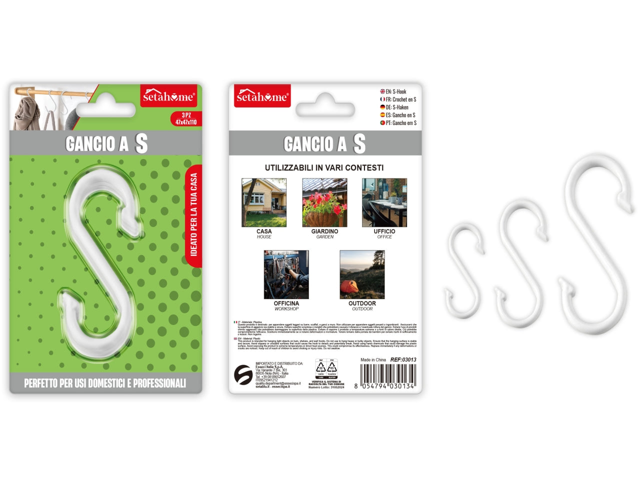 Gancio a s in plastica 40x47x110mm confezione da 3 ganci