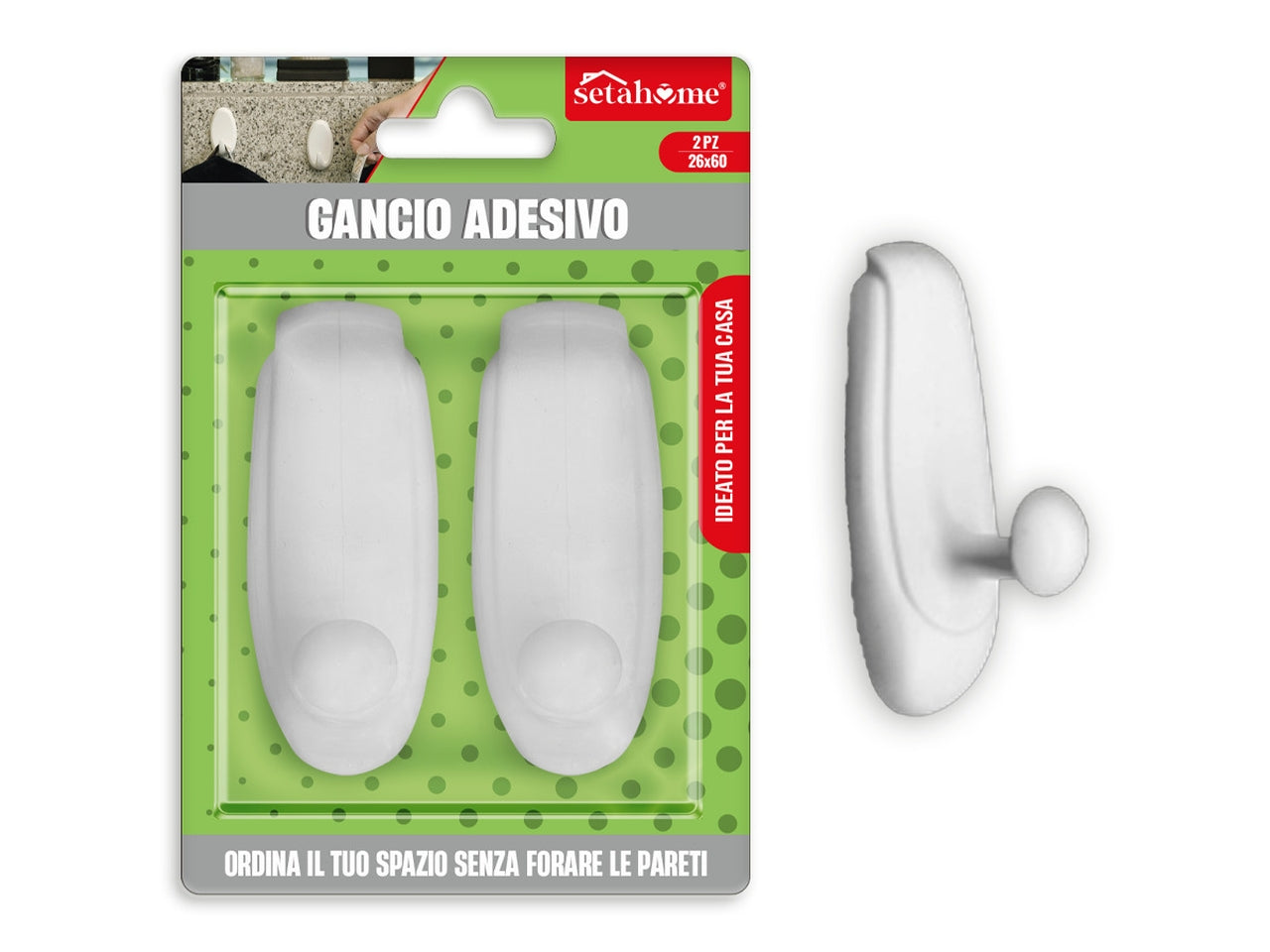 Gancio adesivo 26x60mm confezione da 2 ganci