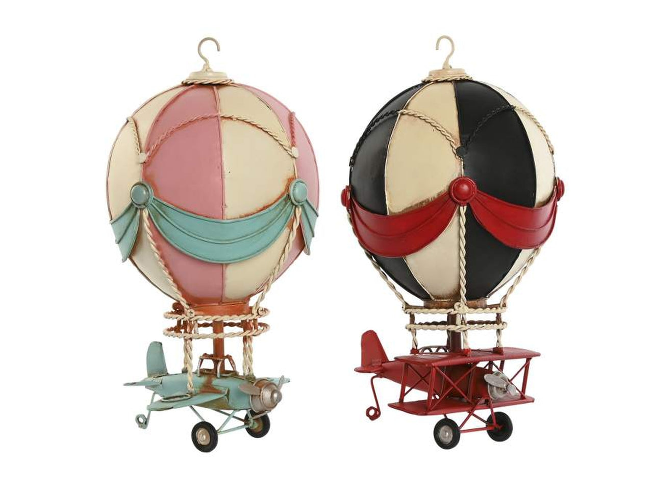 Aereoplano con mongolfiera decorazione in metallo 17x17x32cm globo in 2 modelli assortiti