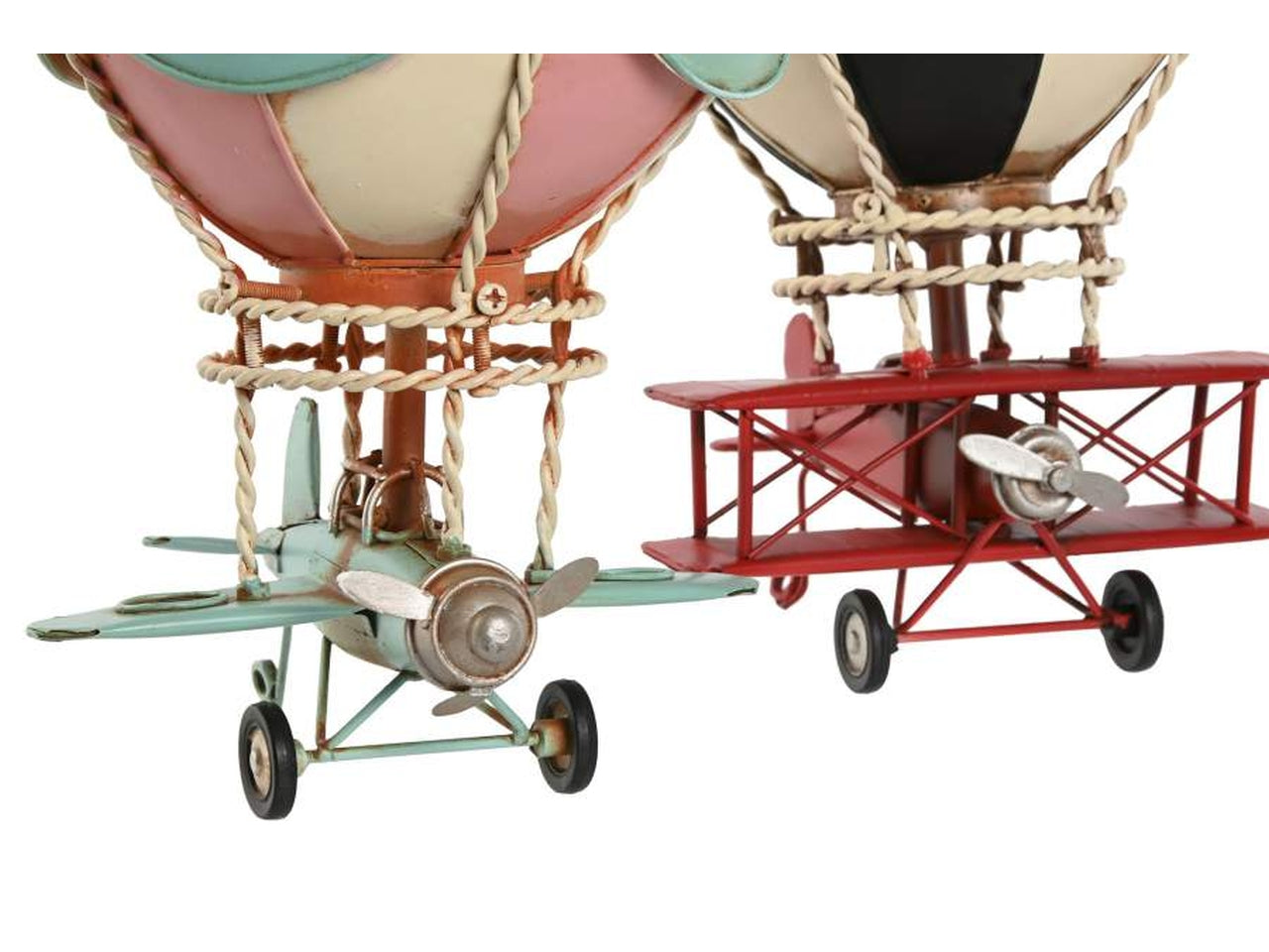 Aereoplano con mongolfiera decorazione in metallo 17x17x32cm globo in 2 modelli assortiti