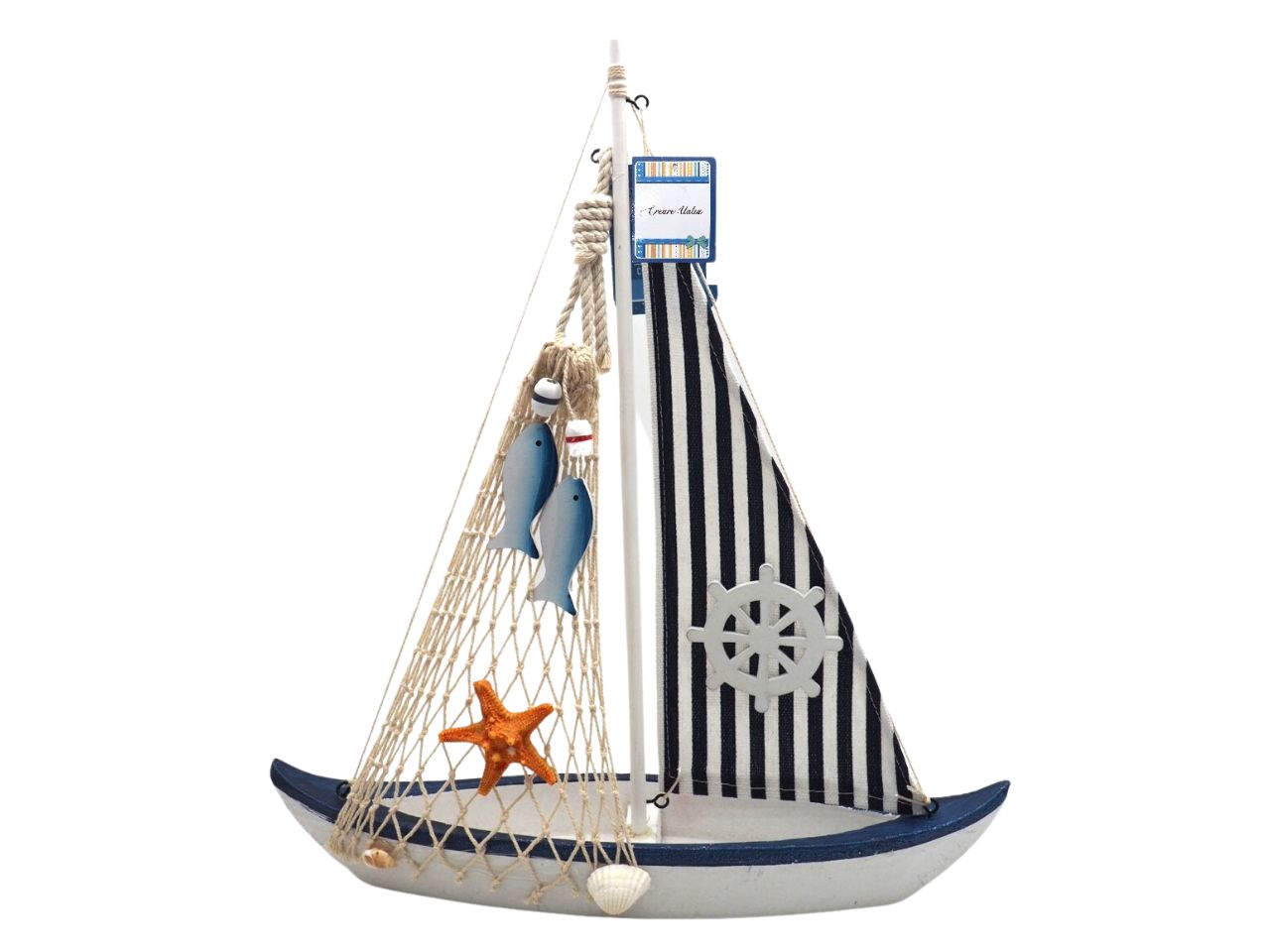 BARCA LEGNO CON VELA RETE E VELA 41X33X7,3CM