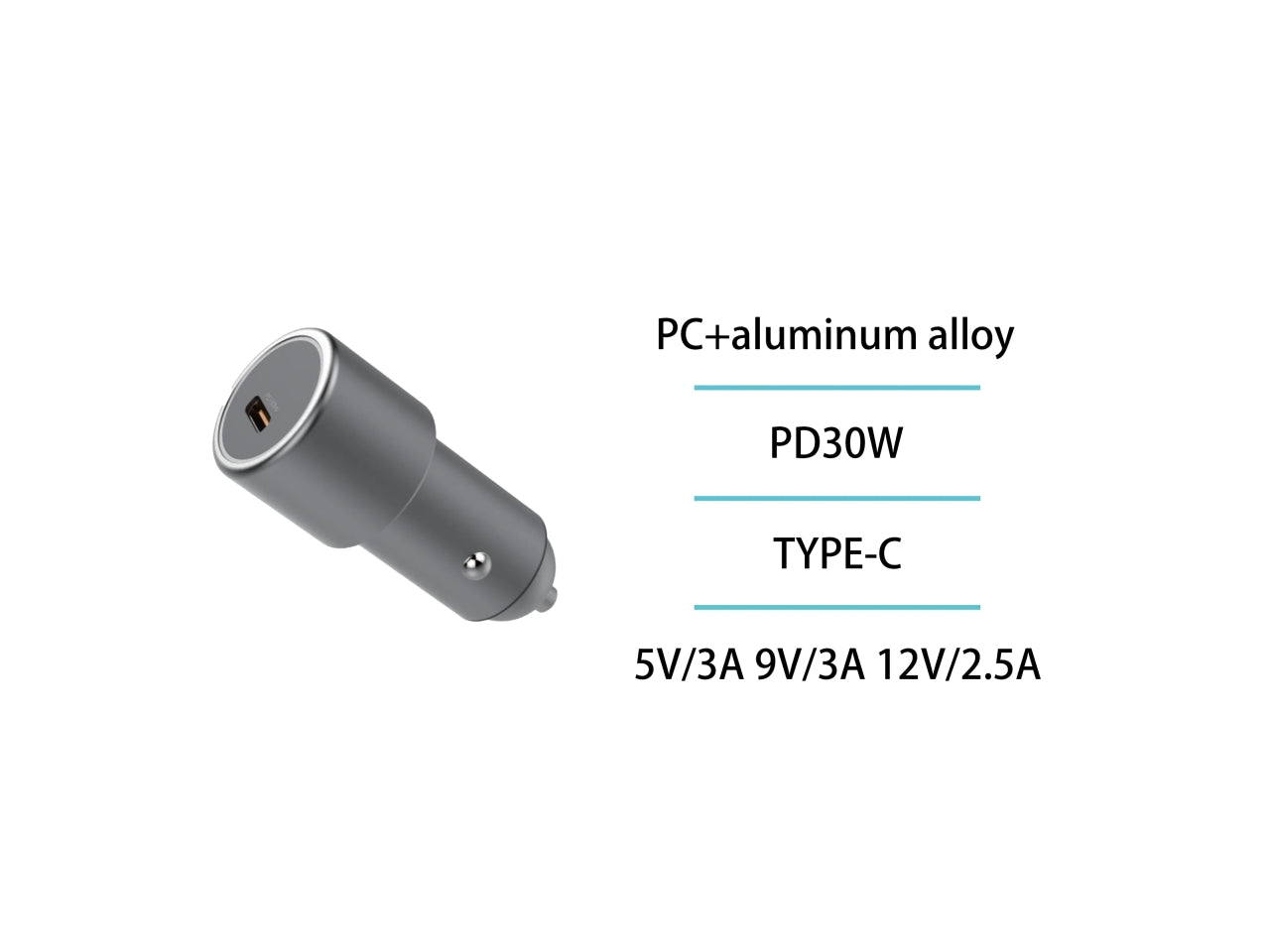 Caricabatteria per auto singolo C PD30W lega di alluminio CE