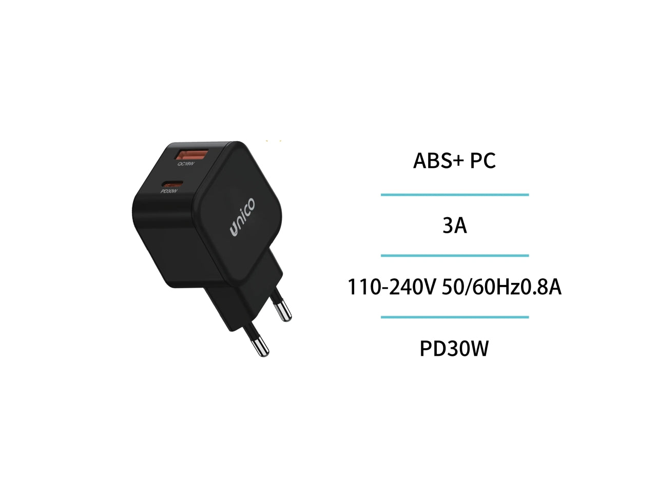 Caricabatterie domestico doppio USB A+C 30W GaN CE