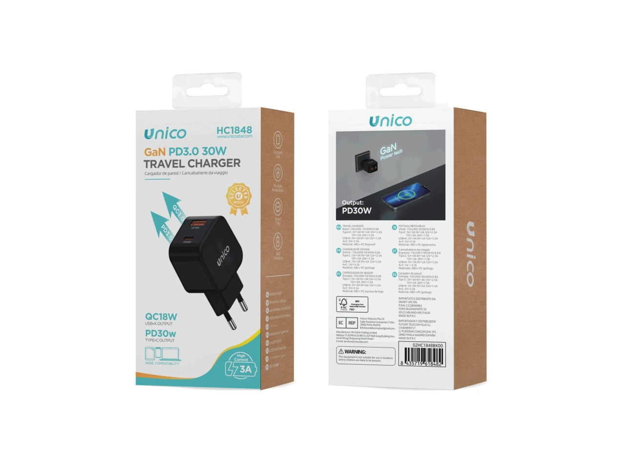 Caricabatterie domestico doppio USB A+C 30W GaN CE