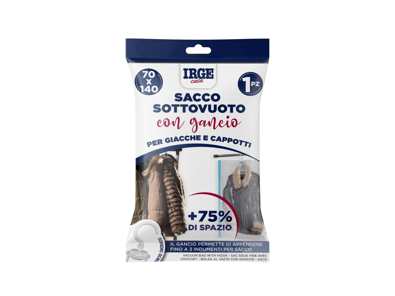 Sacco sottovuoto con gancio per giacche e cappotti 70x140cm