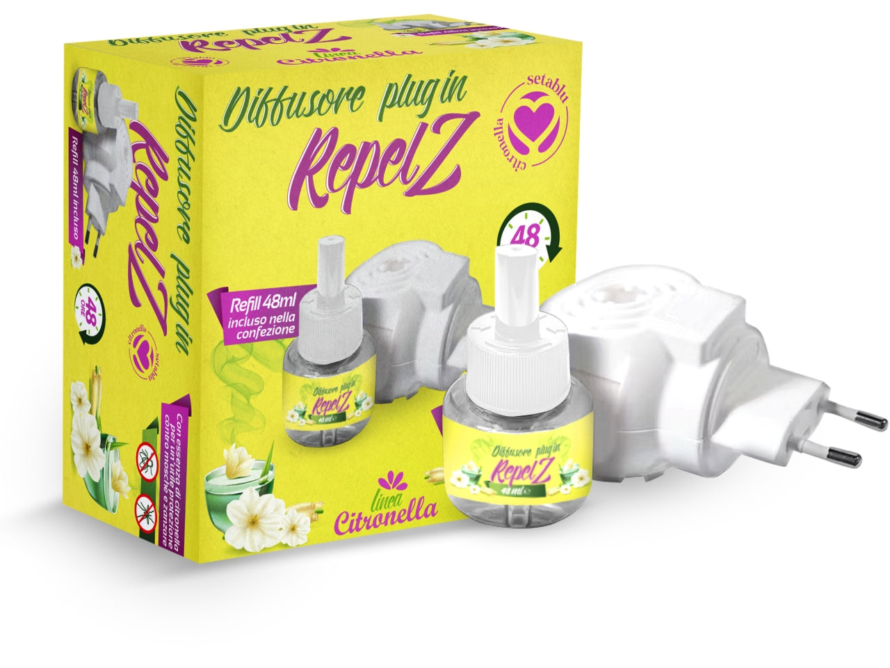 Diffusore plug-in repelz alla citronella con 1 refill da 48ml incluso