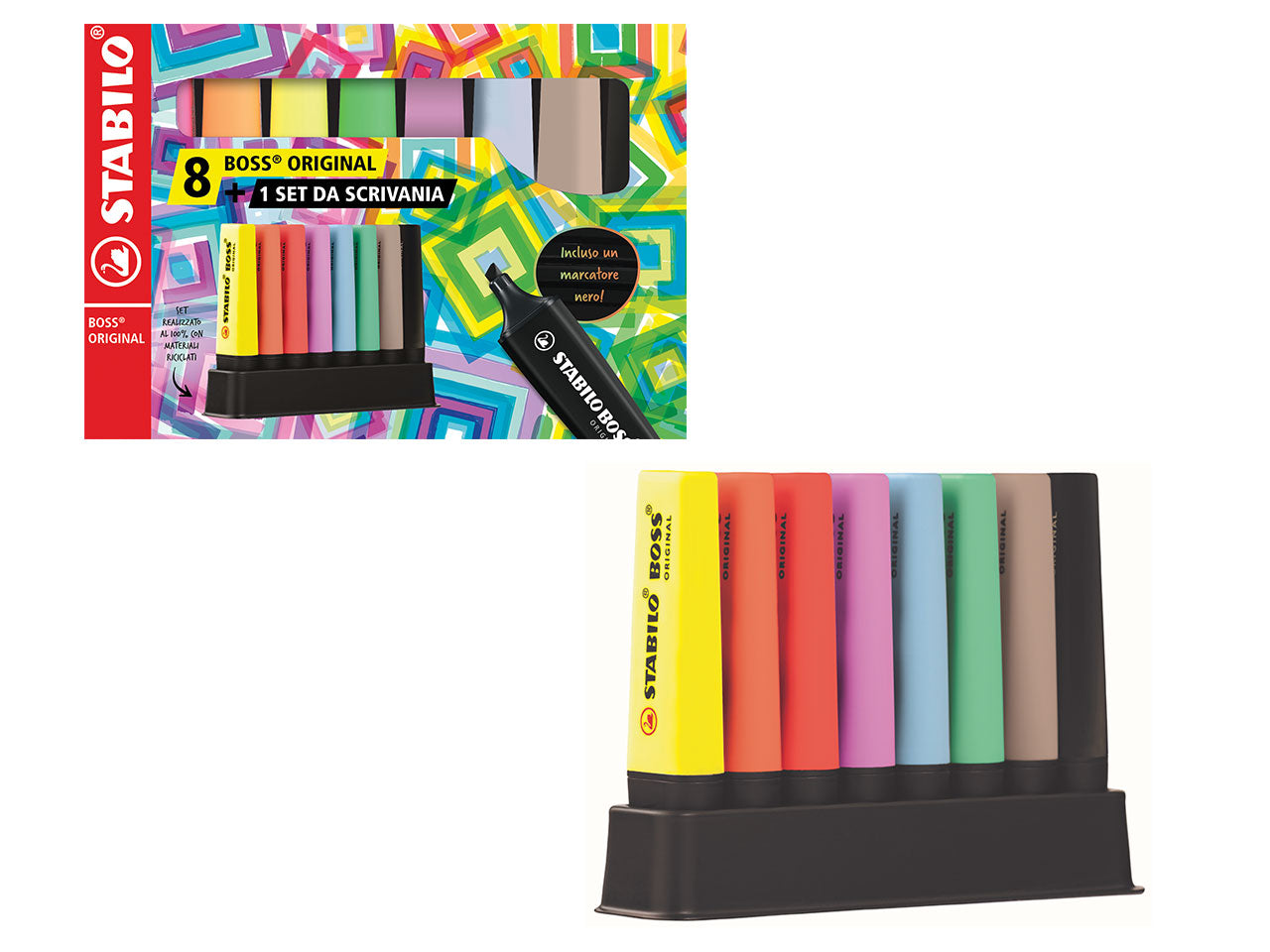 Stabilo boss deskset da scrivania 8 pezzi in 7 colori + marcatore nero