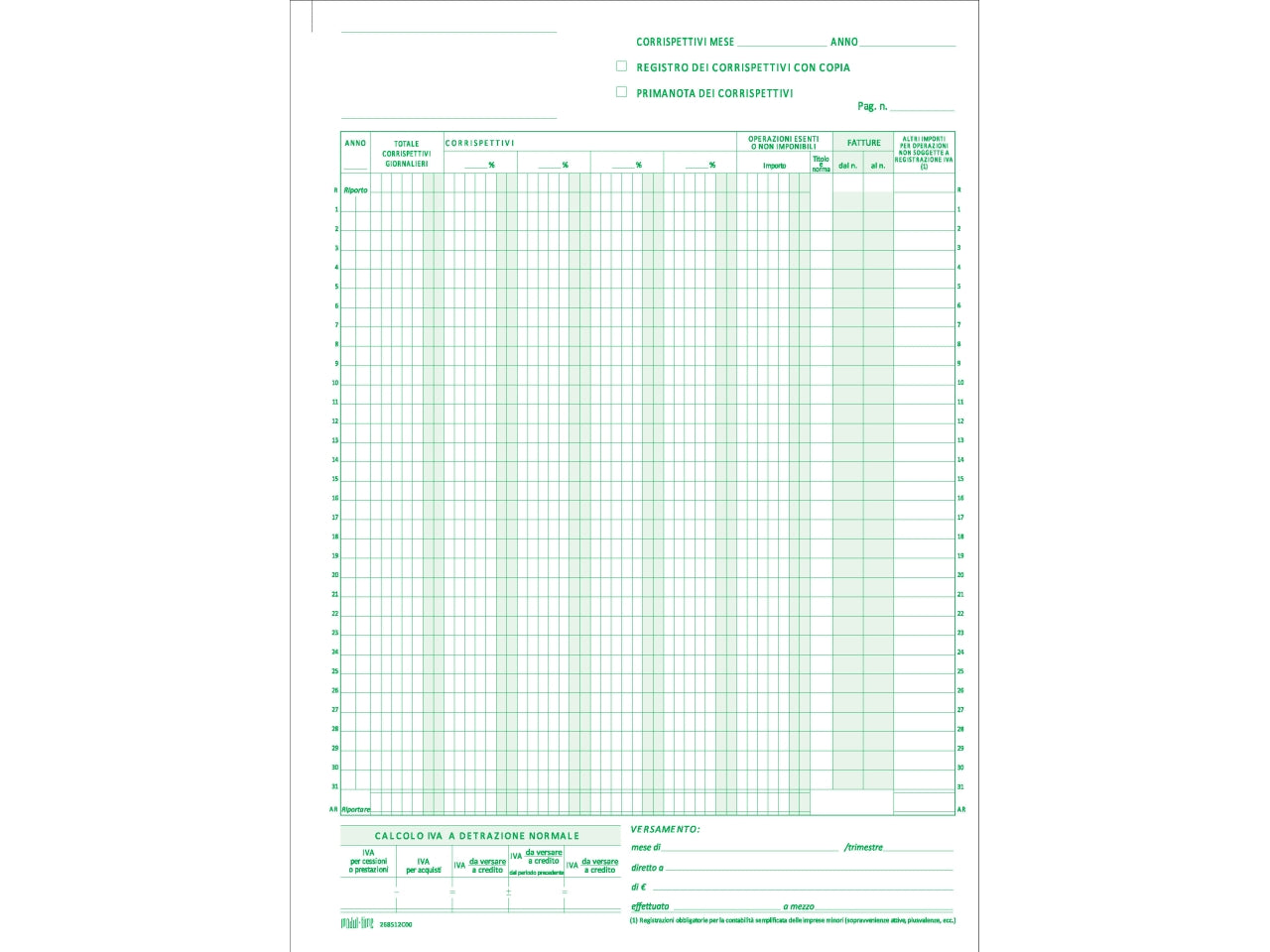 Registro prima nota iva corrispettivi 13x2 copie autoricalcante 29,7x21cm