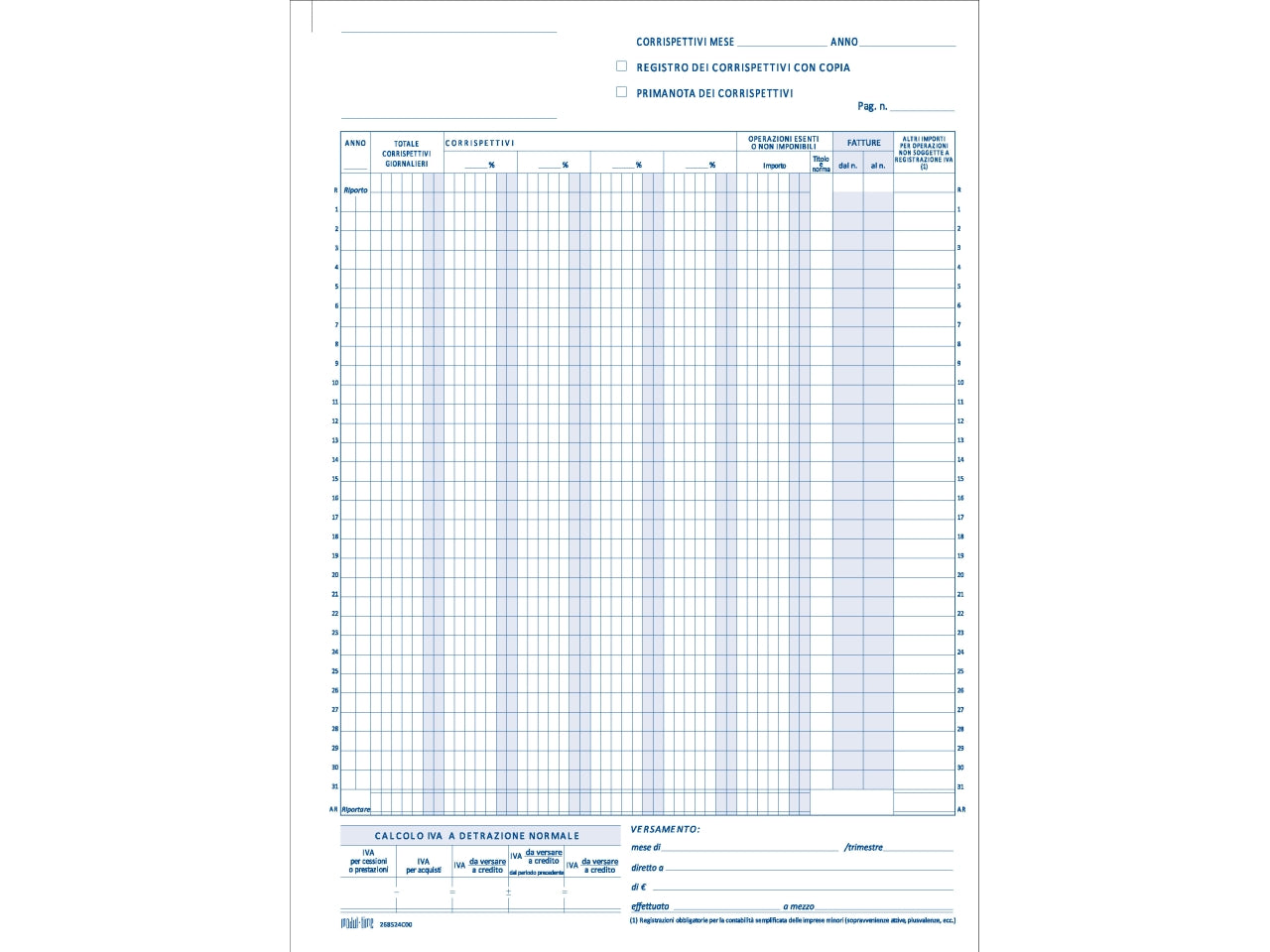 Registro prima nota iva corrispettivi 25x2 copie autoricalcante 29,7x21cm
