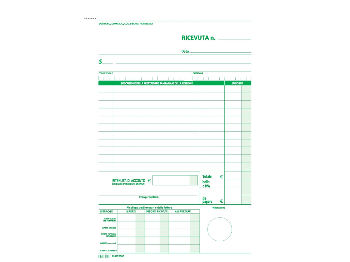 Ricevuta sanitaria 50x2 copie autoricalcante 21,5x14,8cm