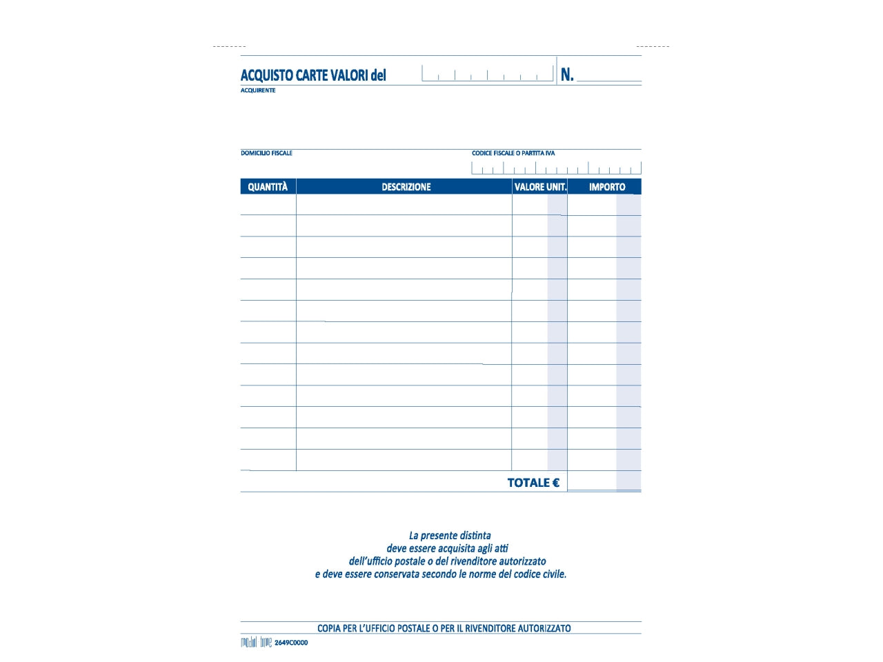 Ricevuta acquisto valori bollati 50x2 copie autoricalcante 21,5x14,8cm