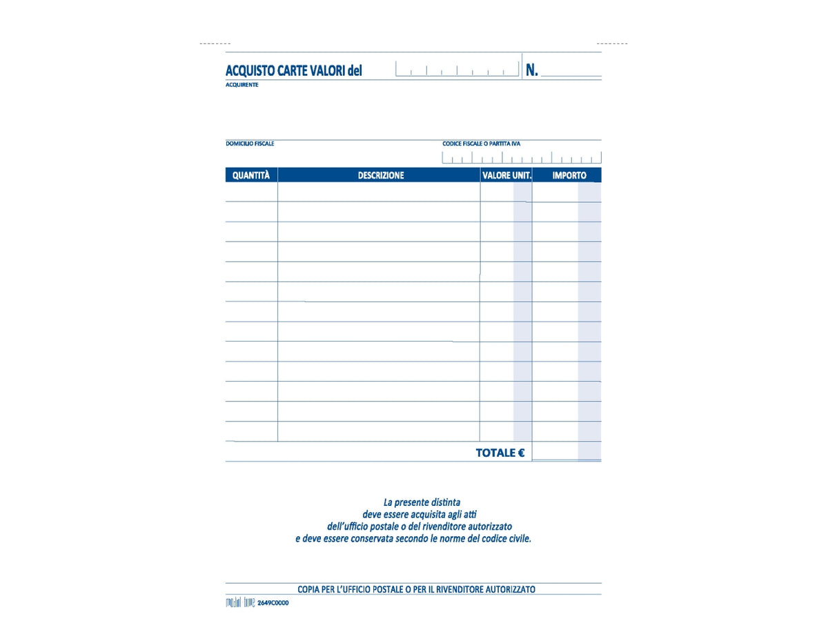 Ricevuta acquisto valori bollati 50x2 copie autoricalcante 21,5x14,8cm