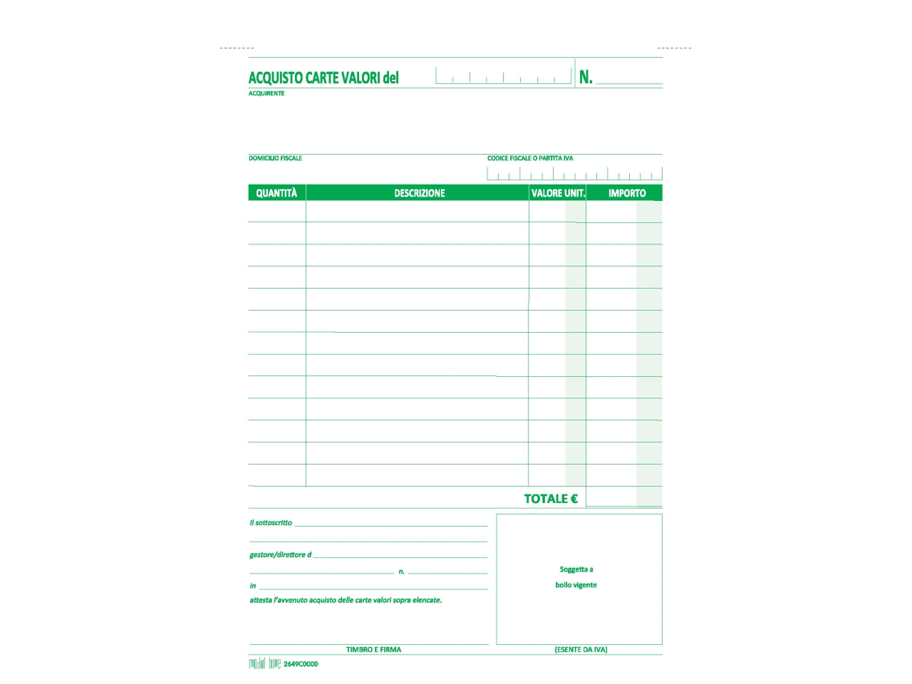 Ricevuta acquisto valori bollati 50x2 copie autoricalcante 21,5x14,8cm