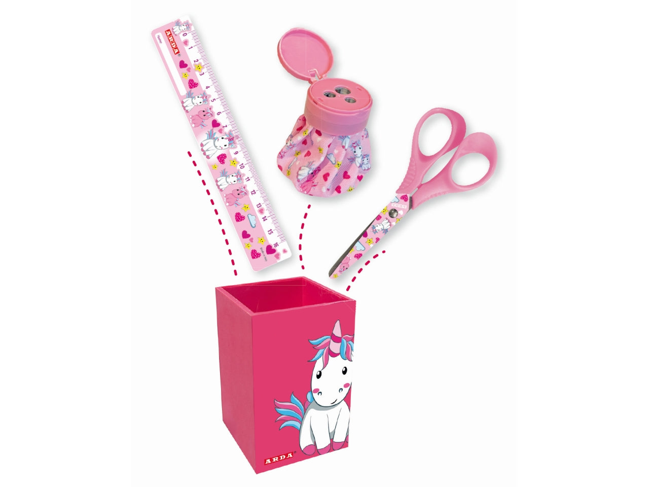 Francy kit portapenne con temperino, forbici e righello fantasie assortite