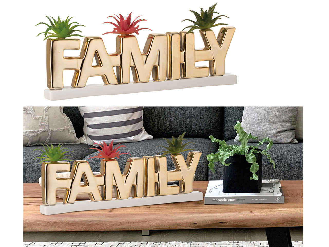 Scritta family gold con piantine