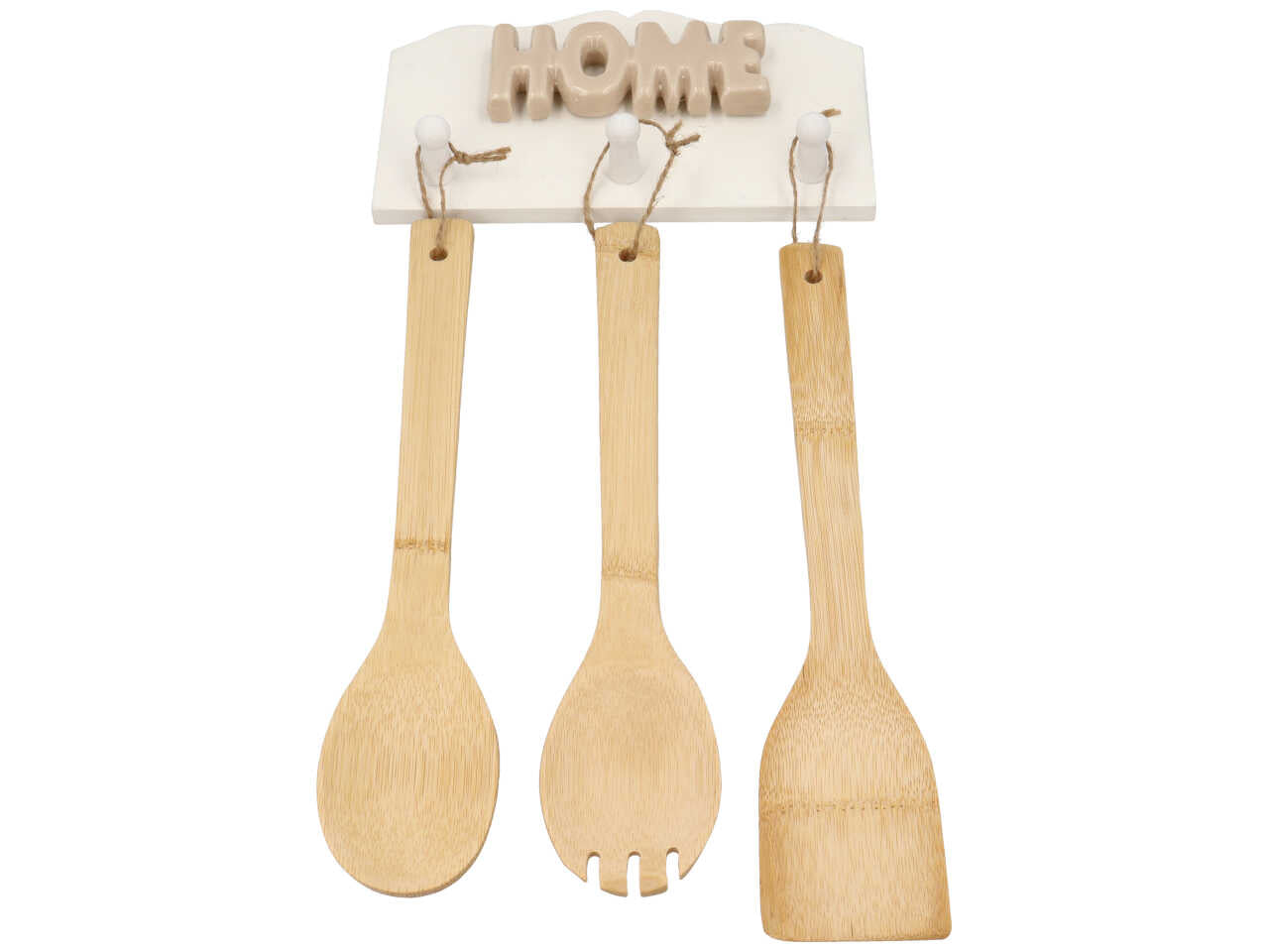 Porta utensili da muro in legno con scritta home tortora e 3 utensili inclusi