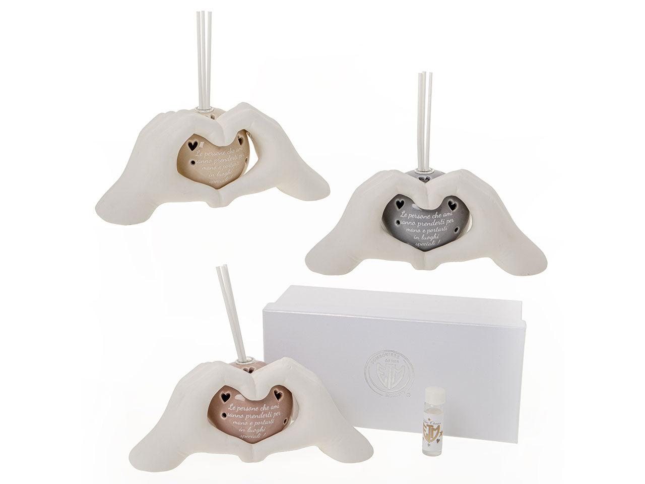 Diffusore escpecial in porcellana con bastoncini e led mani cure 19cm colori assortiti in scatola