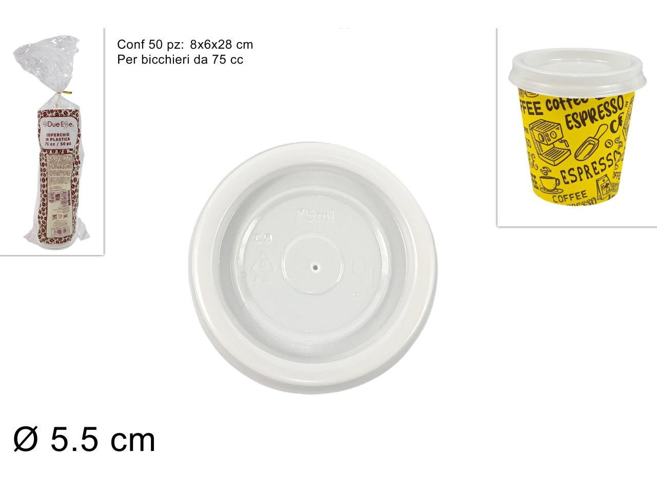Coperchio/tappo in plastica per bicchieri caffe' 75cc la confezione da 50 pezzi