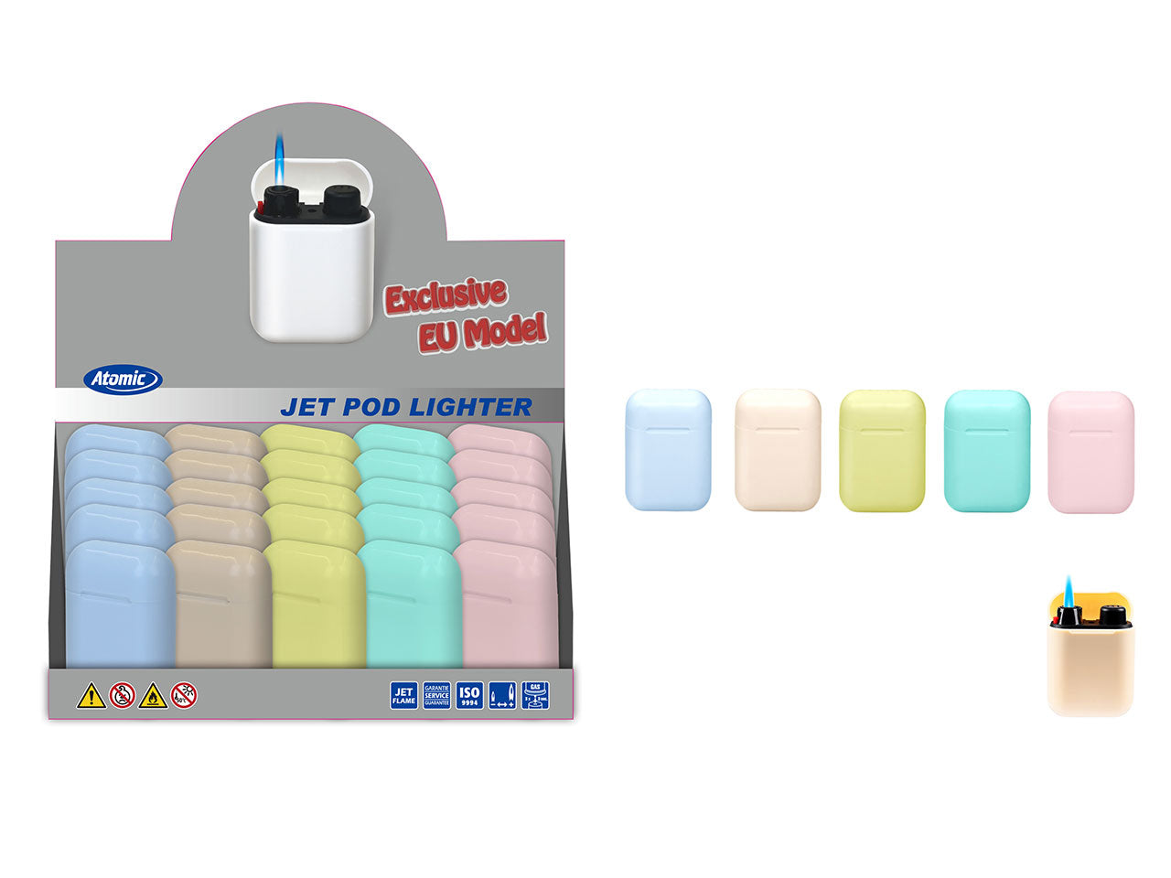 Accendino atomico Elettronico Jet Pod Blu Jetflame Ricaricabile Pastell Lucido confezione da 25 accendini Assortito