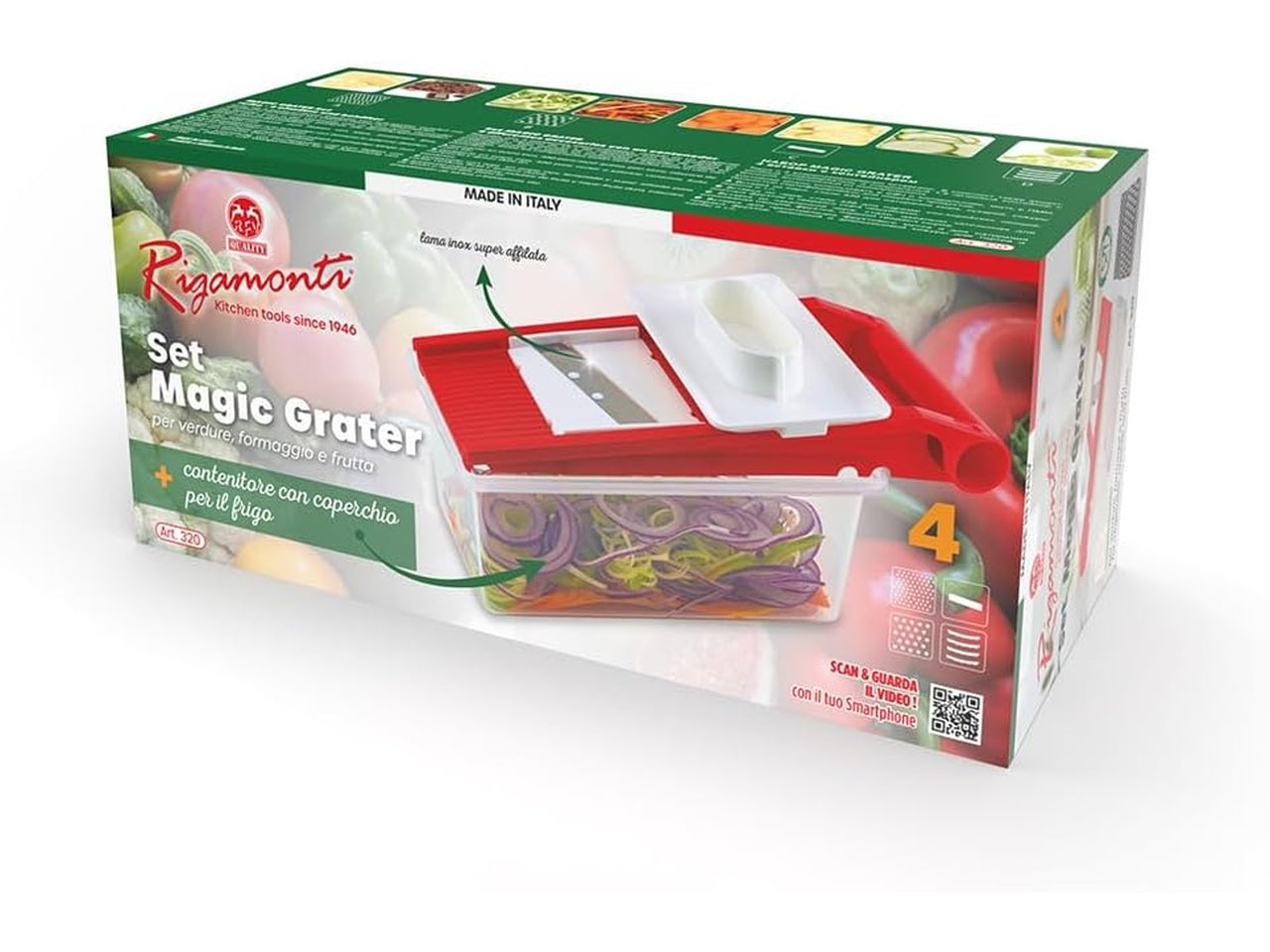 Affettaverdure magic grater con box e quattro inserti intercambiabili