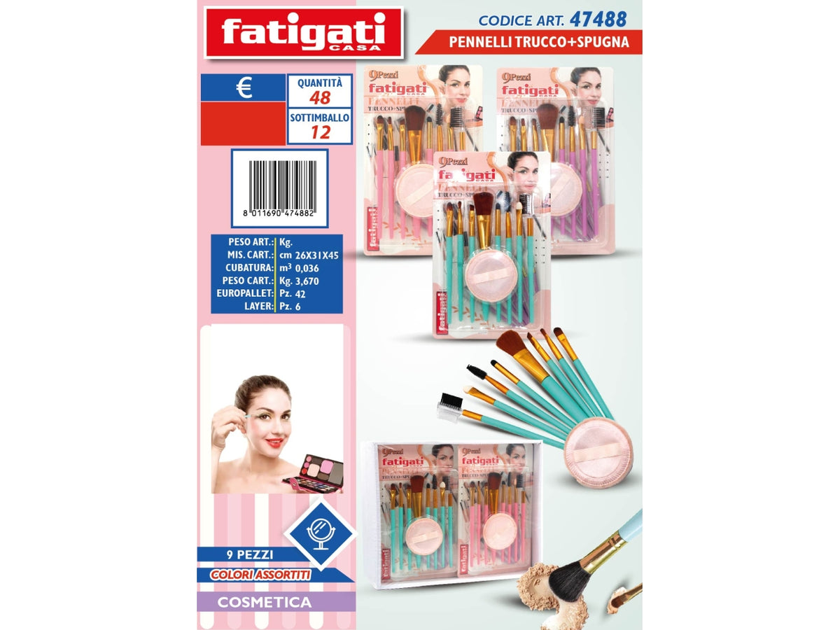 Confezione 9 pezzi  con pennelli trucco e spugna