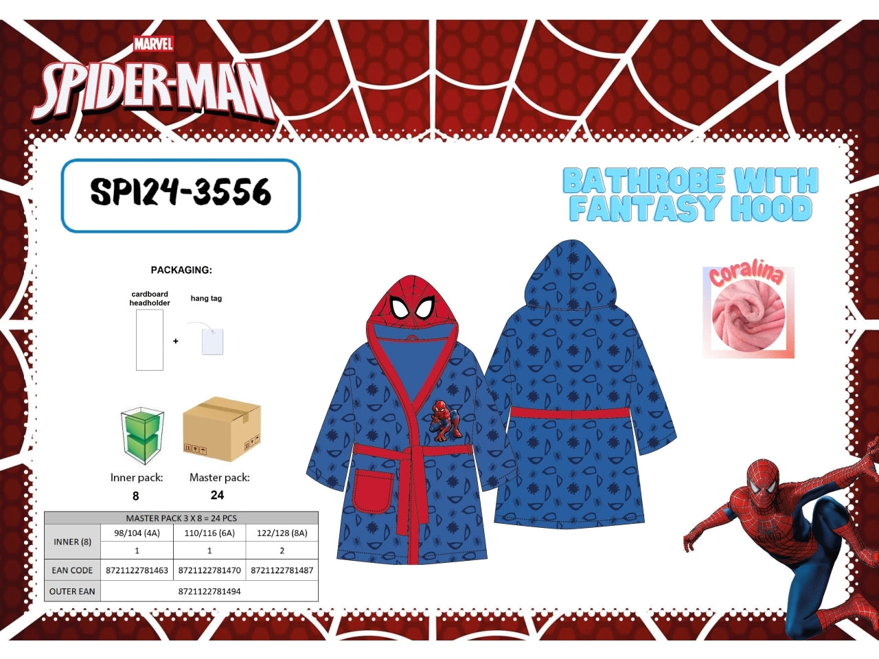 Spiderman accappatoio in coralina con cappuccio fantasy