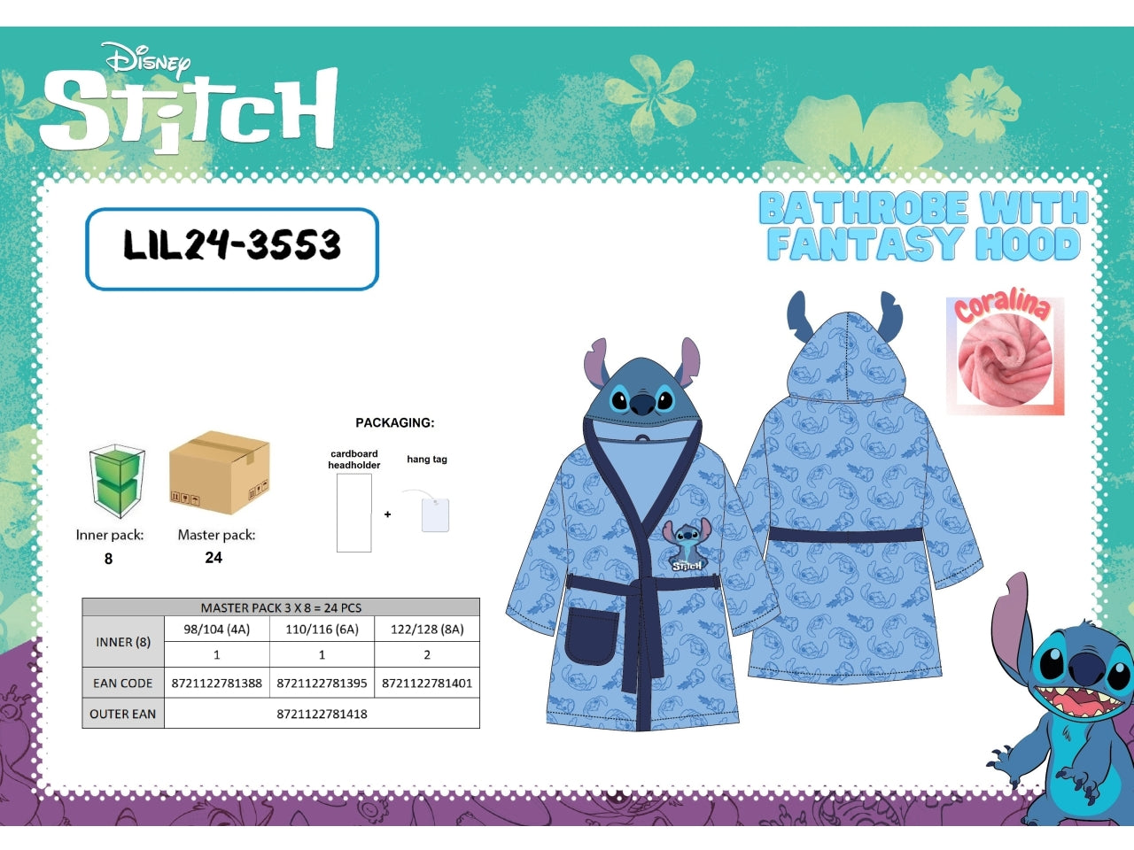 Stitch Boy accappatoio in coralina con cappuccio fantasy